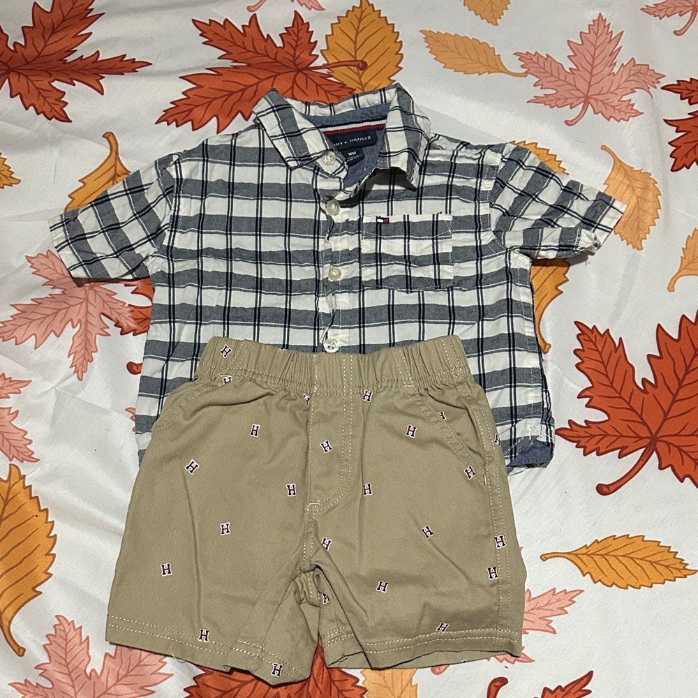 Tommy Hilfiger Kids Plaid Shirt and Tan Shorts Set